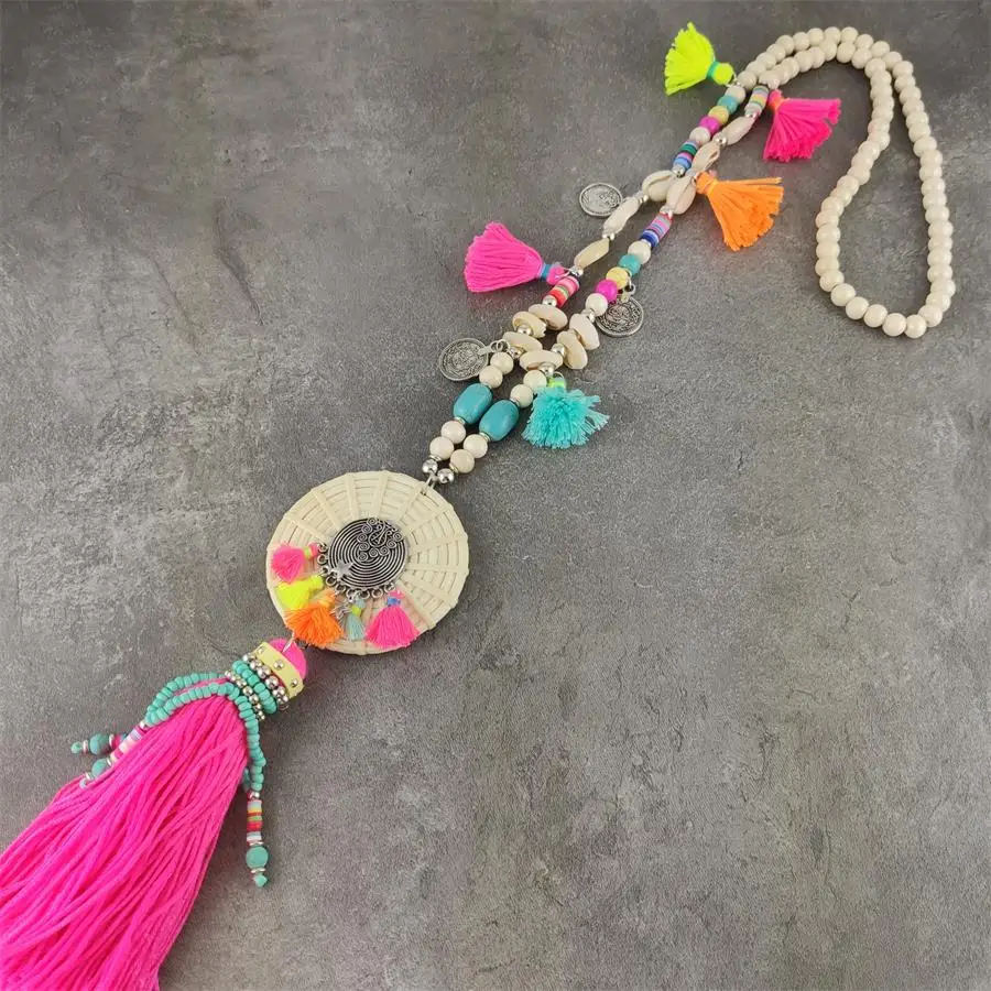 Богемное винтажное бамбуковое ожерелье с кисточками украшенное деревянными