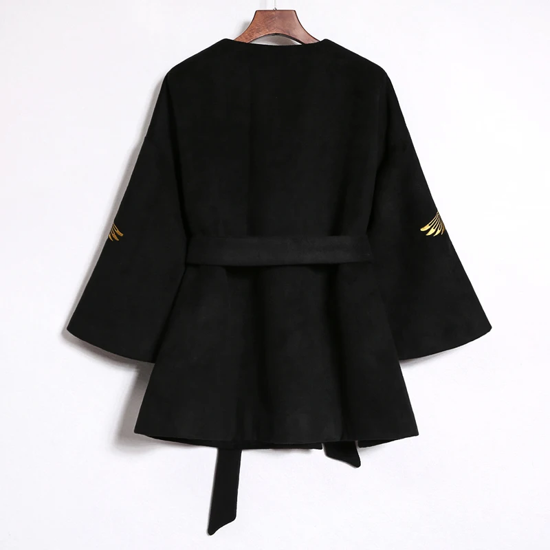 Black Wool Coat Women Crane Embroidery Long Sleeve Chinese Style Vintage Belted Cape Tweed Overcoat Q407 | Женская одежда