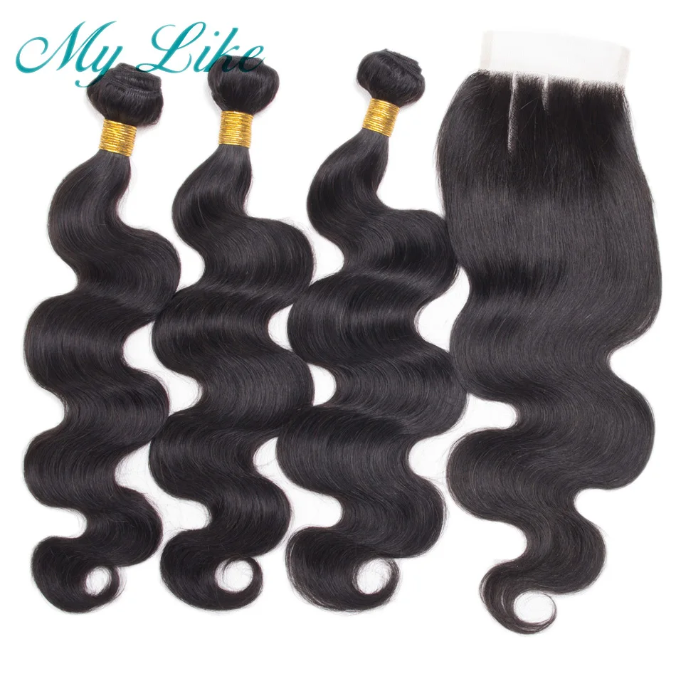 My Like Body Wave пучки с закрытием перуанские волос 4x4 100% человеческие волосы 3 шт не