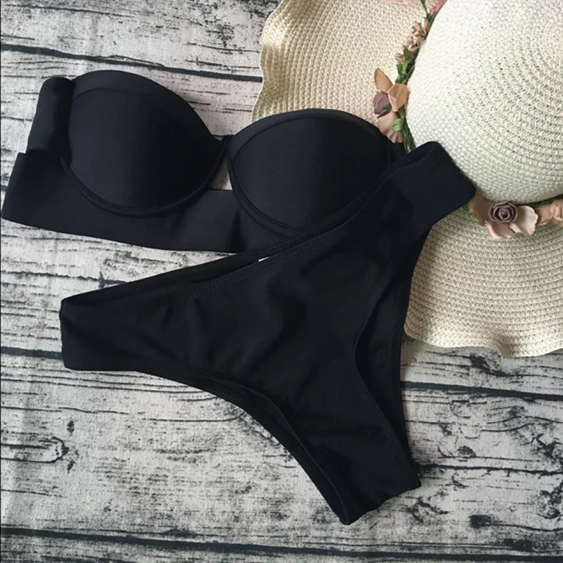 Сексуальные бикини с эффектом пуш-ап женский черный однотонный комплект