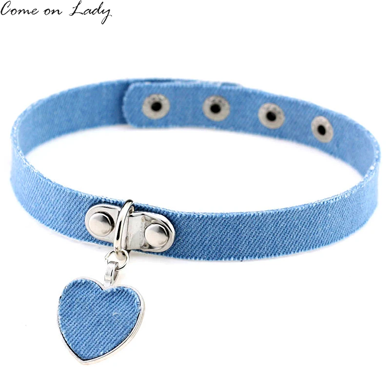 

4 Pcs Blue Denim Heart Pendant Choker Necklace For Women Jeans Chokers tattoo Collar Collier ras de cou colar bijoux femme CR037