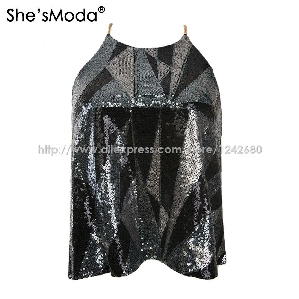 black She'sModa металлическая цепь блёстки Топ геометрический Женская спандекс клубвечерние Вечеринка Танк топики женские жилет - Цвет: black