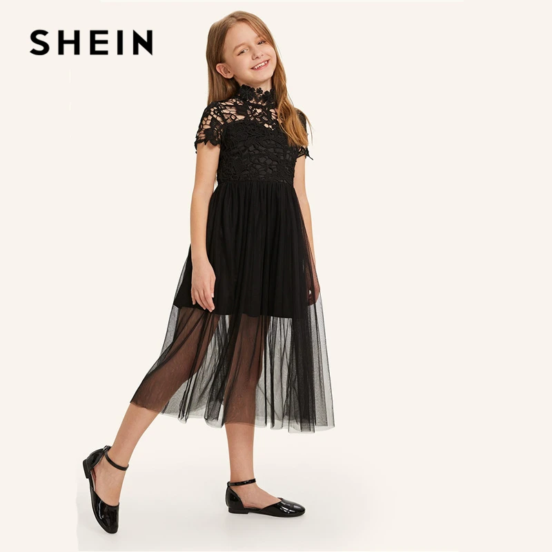 SHEIN Kiddie/черное платье со стоячим воротником и гипюровым корсетом для девочек, нарядное платье года, летние трапециевидные расклешенные Детские платья для девочек