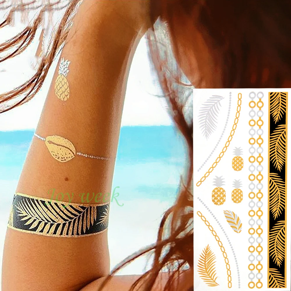 

Waterproof Temporary gold tattoo Sticker golden chain leaf bracelets women's tatto stickers flash tatoo fake tattoos