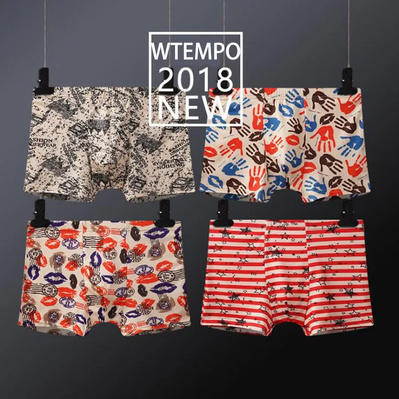 : WTEMPO бренд 4 шт./лот Мужское нижнее белье с принтом сексуальные трусы боксеры
