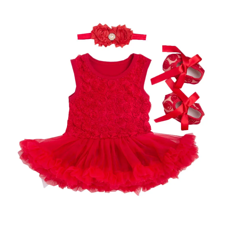 

New Children Clothes Sets for Girl Body Red Bodysuit with Ruffles Tutu Dress+Shoes+Headband 3pcs Infant Clothing Birthday Gifts