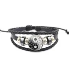 Плетеный кожаный браслет Инь-Ян тайчи, многослойные кожаные ювелирные изделия черно-белого цвета для женщин и мужчин, подарки