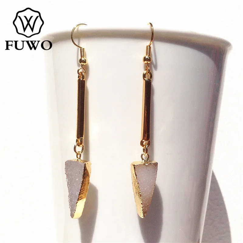 

FUWO Triangle Druzy Earrings 24K Gold Electroplated Golden Rod With Raw Quartz Stone Dangle Earrings Jewelry Wholesale ER005