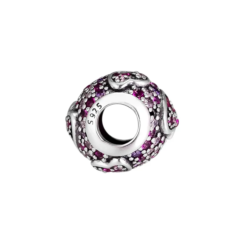 Fit Pandora браслет Асимметричные сердца любви шарм красный и розовый CZ фиолетовый