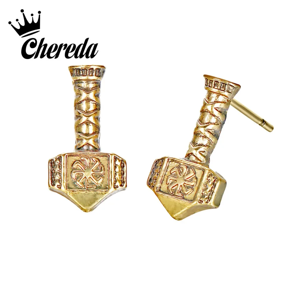 Chereda Thor's Hammer Stud Earrings Antique Silver Amulet Ancient Men Earring Metal Simple Unisex Jewelry | Украшения и