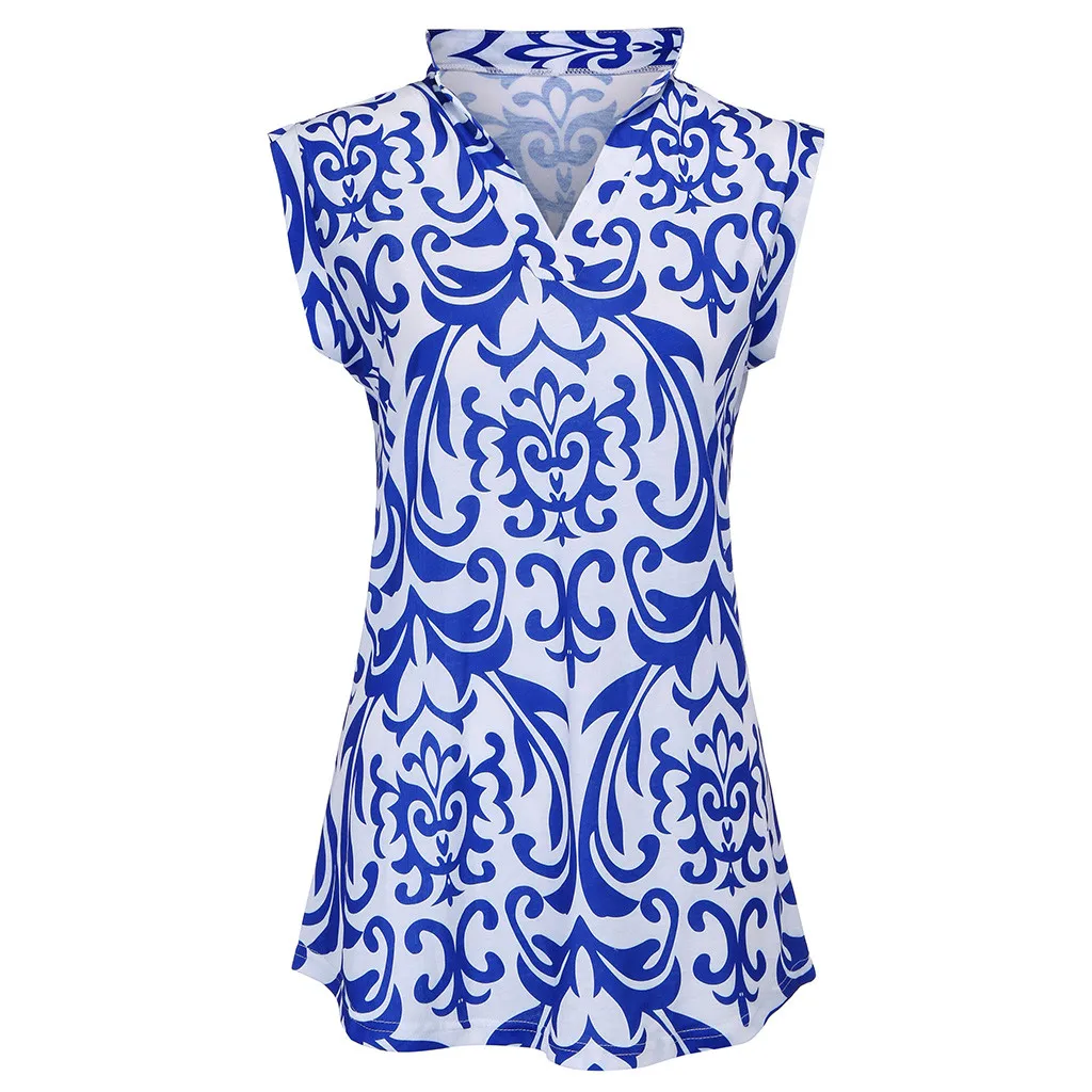 Женская блузка blusas mujer de moda, модная женская рубашка с v-образным вырезом, без рукавов, в народном стиле, цветочный принт, туника, повседневный топ на бретелях - Цвет: Blue