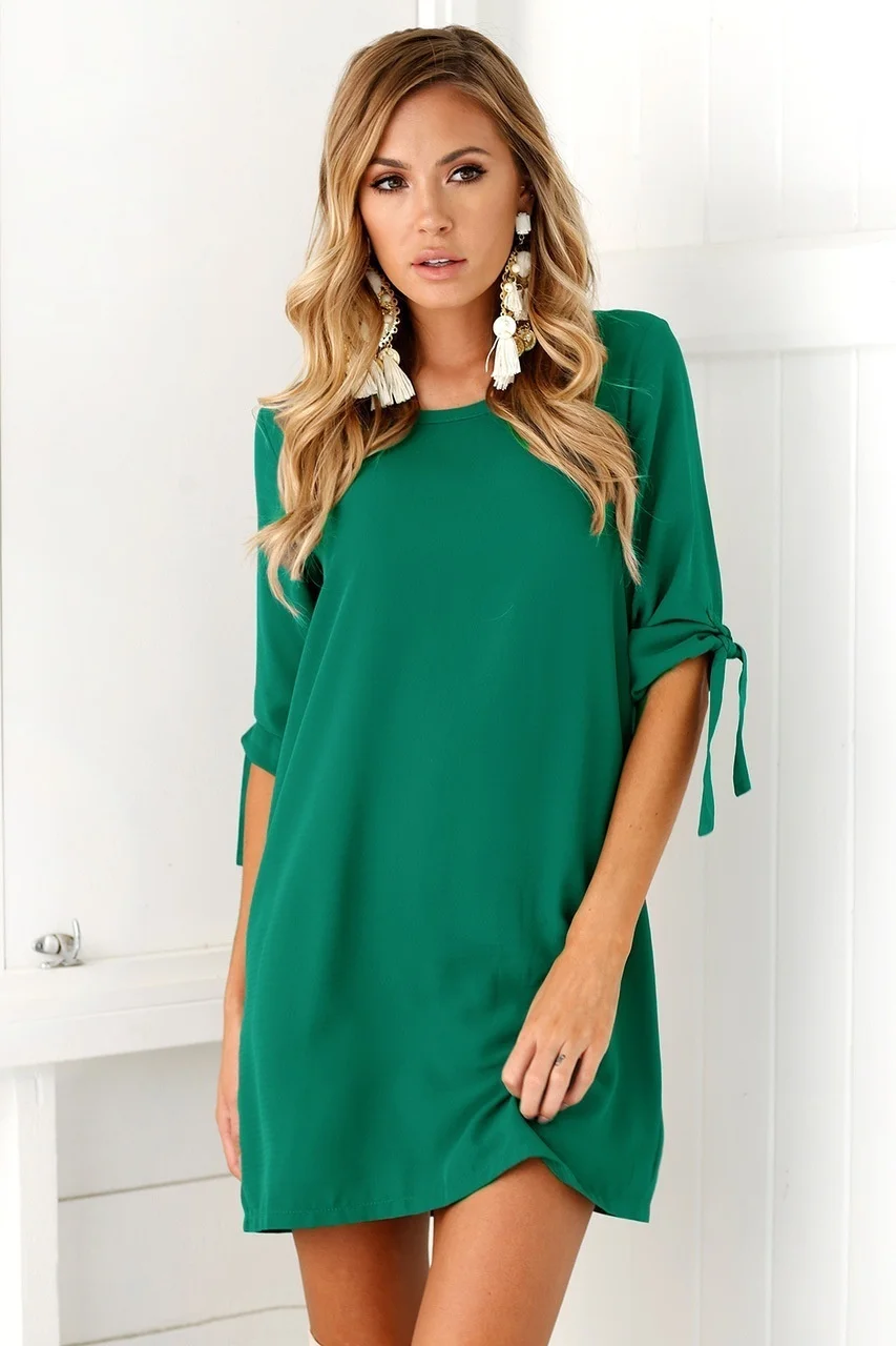 S-5XL Women Beam Sleeve Shirt Dress Round Neck Straps Dresses Chiffon Soild Color | Женская одежда
