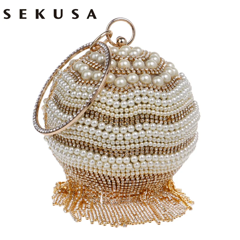 

SEKUSA Crystal Beading Evening Bags Tassel Rhinestones Clutch Two Side Diamonds Wedding Handbags Chain Shoulder Messenger Bag