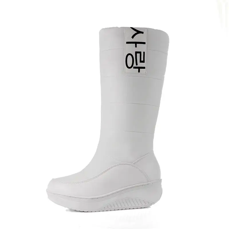 MEMUNIA/женские зимние ботинки, Размеры 35-44 женские зимние ботинки на танкетке, без шнуровки ботинки до середины икры с мехом внутри Женская милая хлопковая обувь