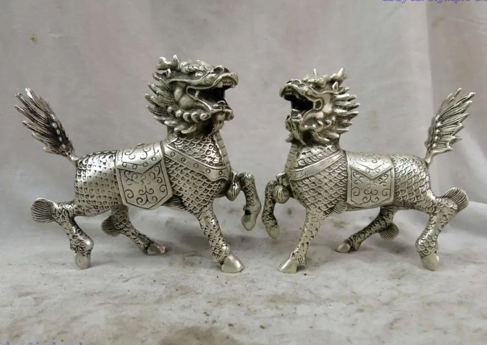 

6" China silver finely carved Foo Dogs Lions kylins pair Sculpture Statues