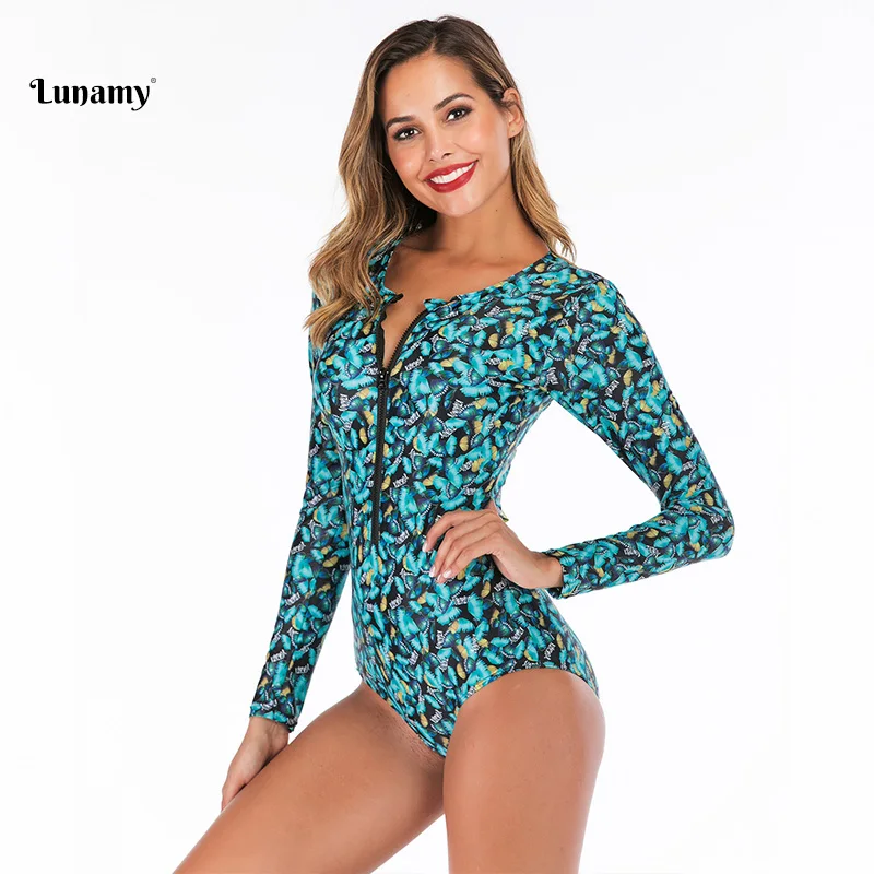 Lunamy, винтажный Цельный купальник с принтом, слитный купальник, Maillot De Bain Femme, сексуальный купальник на молнии спереди, женский купальник