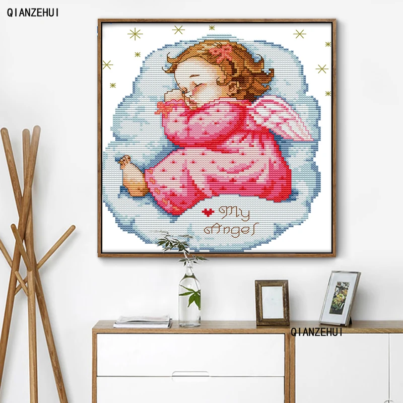 QIANZEHUI Needlework DIY characters Asleep angel boy and girl baby Cross stitch Sets For Embroidery kits Cross-Stitch Wall Decro | Дом и сад