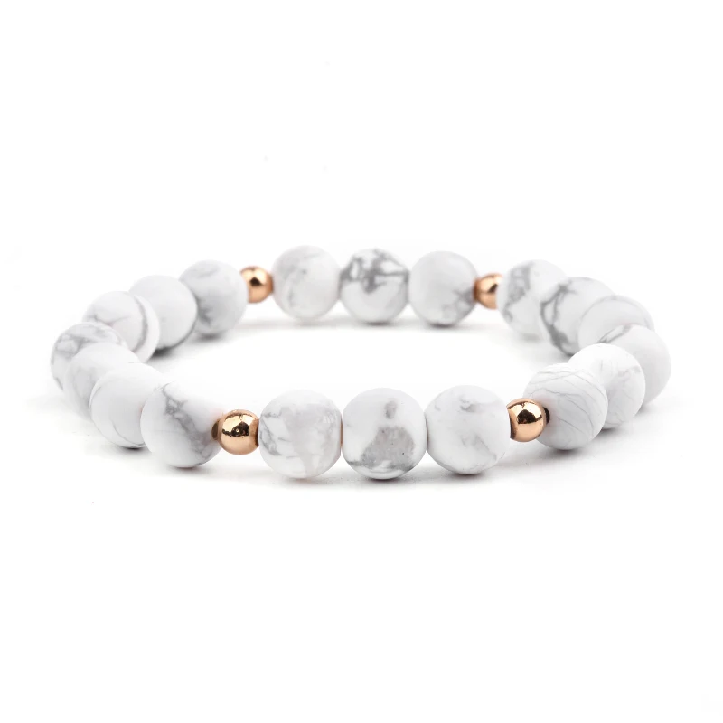 1-White Howlite BOJIU 7 видов настоящий природный речной камень браслеты для женщин Простые эластичные круглые бусины браслет подарок Прямая поставка BC308 - Окраска металла: 1-White Howlite