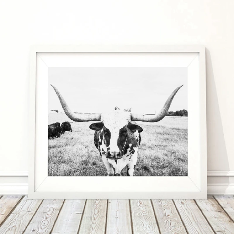 Longhorn рисунок на холсте с крупным рогатого скота Настенная картина животное ферме