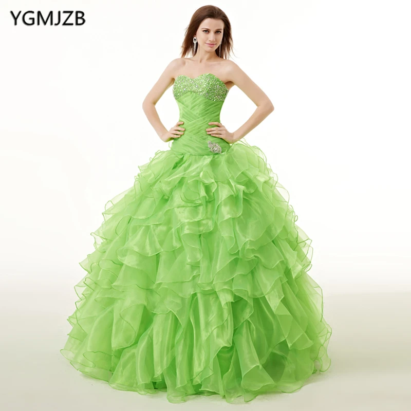 Недорогое зеленое бальное платье Quinceanera 2018 милое длиной до пола с открытыми