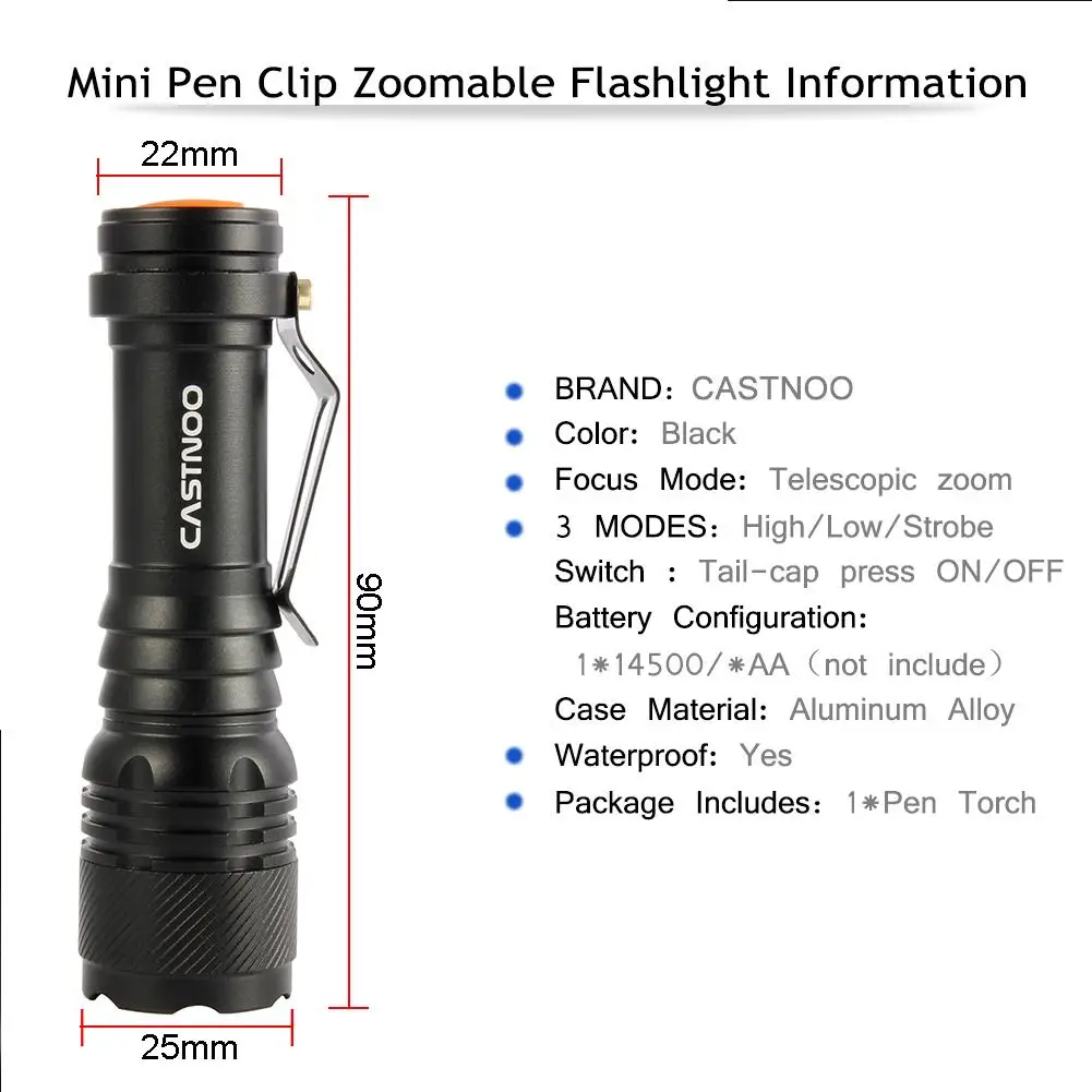 CASTNOO Zoomable Q5 300LM 3 режима алюминиевый водонепроницаемый светодиодный светильник