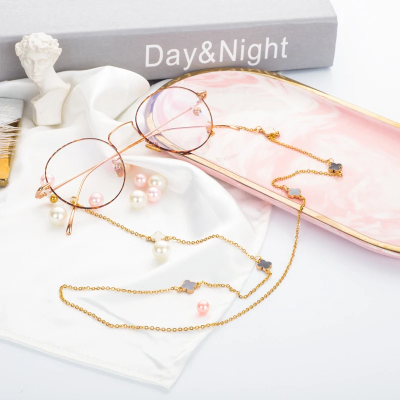 Gold Plated Titanium Steel Link Chain Clover Flower Eyeglasses Chains for Reading Glasses Cord Sunglasses Strap Holder Neck Band
