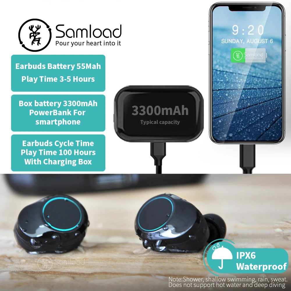 Samload Беспроводной наушники HIFI Звук Bluetooth 5,0 наушники стерео наушники с 3000 mAh заряда в поле Мощность банка для смартфонов