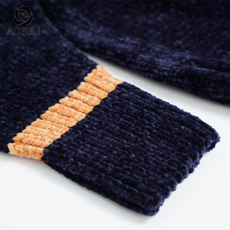 AOFULI Elegant Blue knitted sweater for women thick long sleeve pullover high neck collar warm knitwear L~ XXXL 4XL 5XL A3819 | Женская