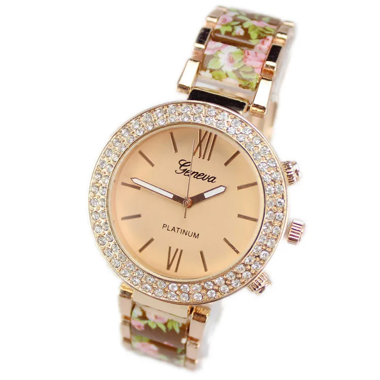 2015 новинка цветок печатные бренда женева платье часы женщины полный стали