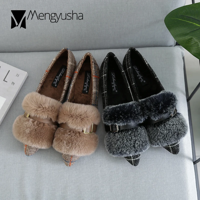 2018 осенне-зимние женские туфли на плоской подошве с кроличьим мехом в полоску