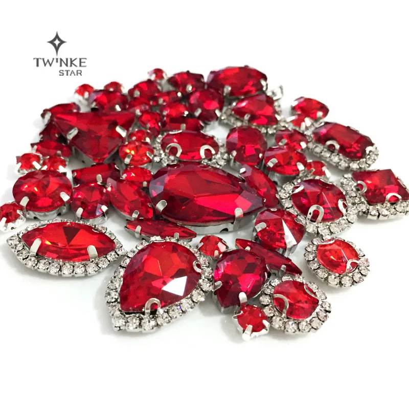 Red color Mix shape mix size Crystal buckle+claw rhinestone Silver base galss sew on stones diy/Clothing accessories 50pcs/pack | Дом и сад