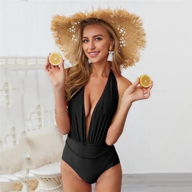 Черный Женский купальник, сексуальный Одноцветный купальник с бретельками через шею, сексуальный Летний Пляжный женский купальник с открытой спиной, монокини 4as - Цвет: Черный