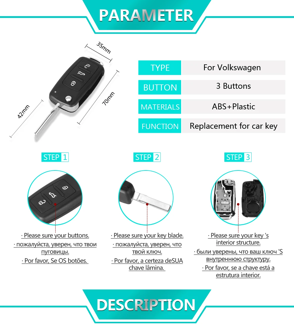 Dandkey, новинка, 3 кнопки, флип-ФОБ, дистанционный складной ключ, оболочка для VW, для VOLKSWAGEN Tiguan, Golf, Sagitar Polo, MK6, не вырезанное лезвие, оболочка для ключей