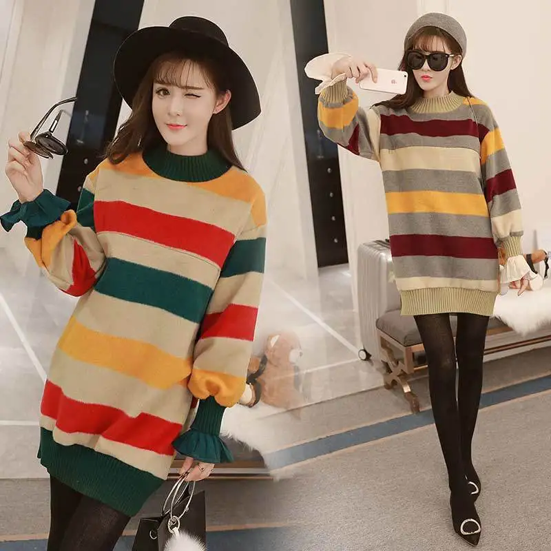 2018 осенне зимний свитер для кормящих мам модная цветная полосатая одежда матерей