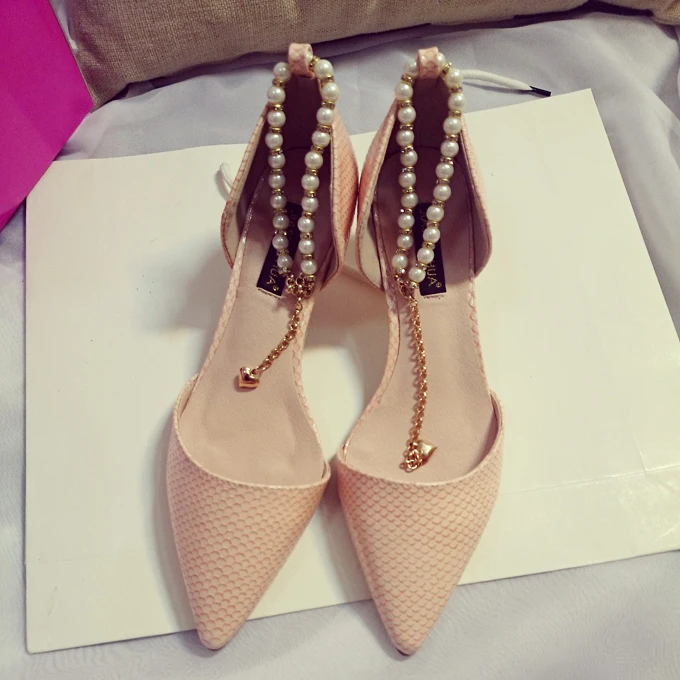 2015 Spring Summer Europe Style Elegant Lady Shoes Pearls Beaded Chain Pointed Toe Sexy Hollowed Out Pumps | Обувь