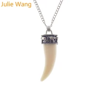 julie wang 1pcs alloy vintage animal teeth imitation ivory long chain necklace pendants women men jewelry choker