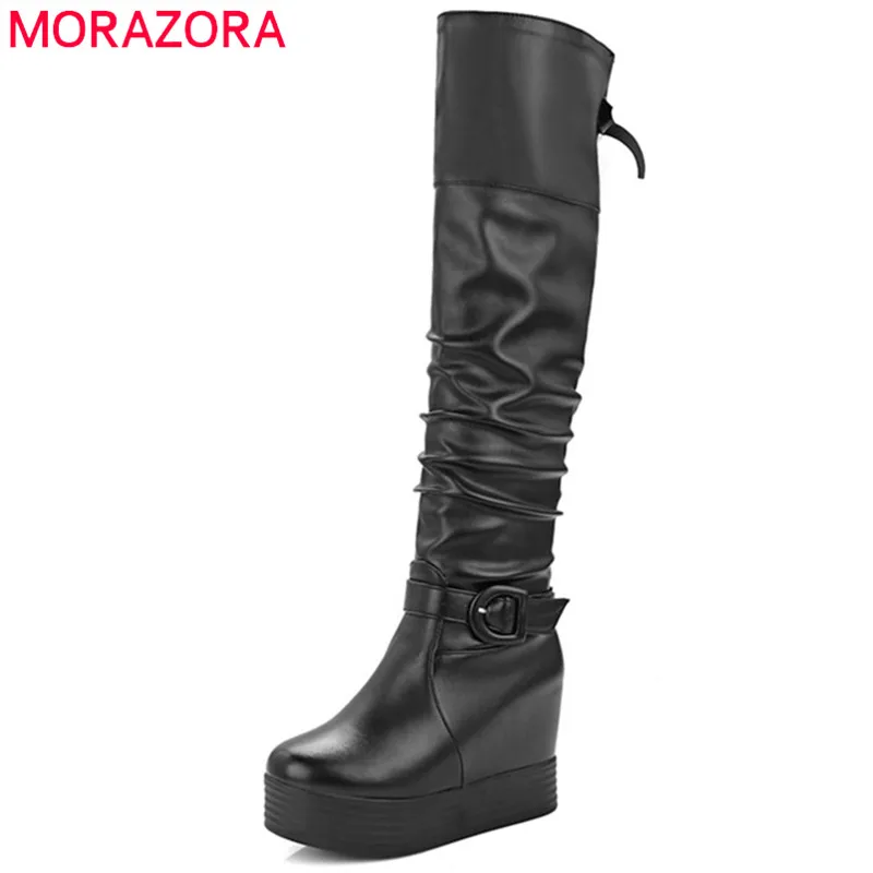 Женские сапоги выше колена MORAZORA черные из искусственной кожи на платформе с