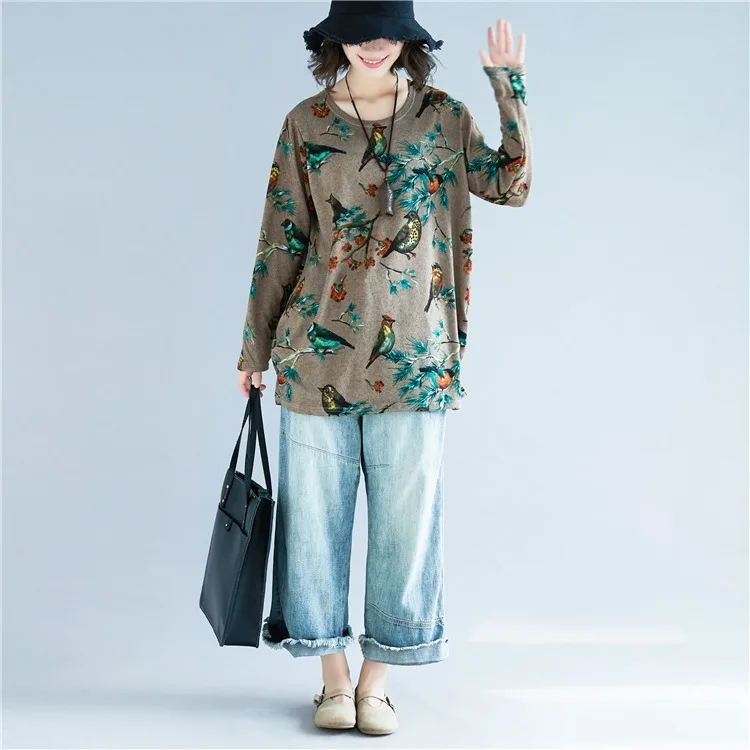 Mferlier весна осень Женская Футболка цветочный принт длинный рукав размера плюс над размером d Повседневная Свободная Женская футболка с круглым вырезом