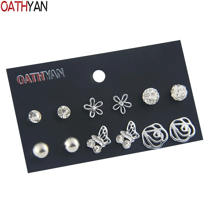 OATHYAN/6 пар/компл. смешанный стиль серьги гвоздики со стразами и бабочками