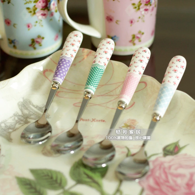 

Pastoral Cute Coffee Spoon Ceramic Handle Stainless Steel Spoons Portable Soup Ladle Small Teaspoons Honey Spoon