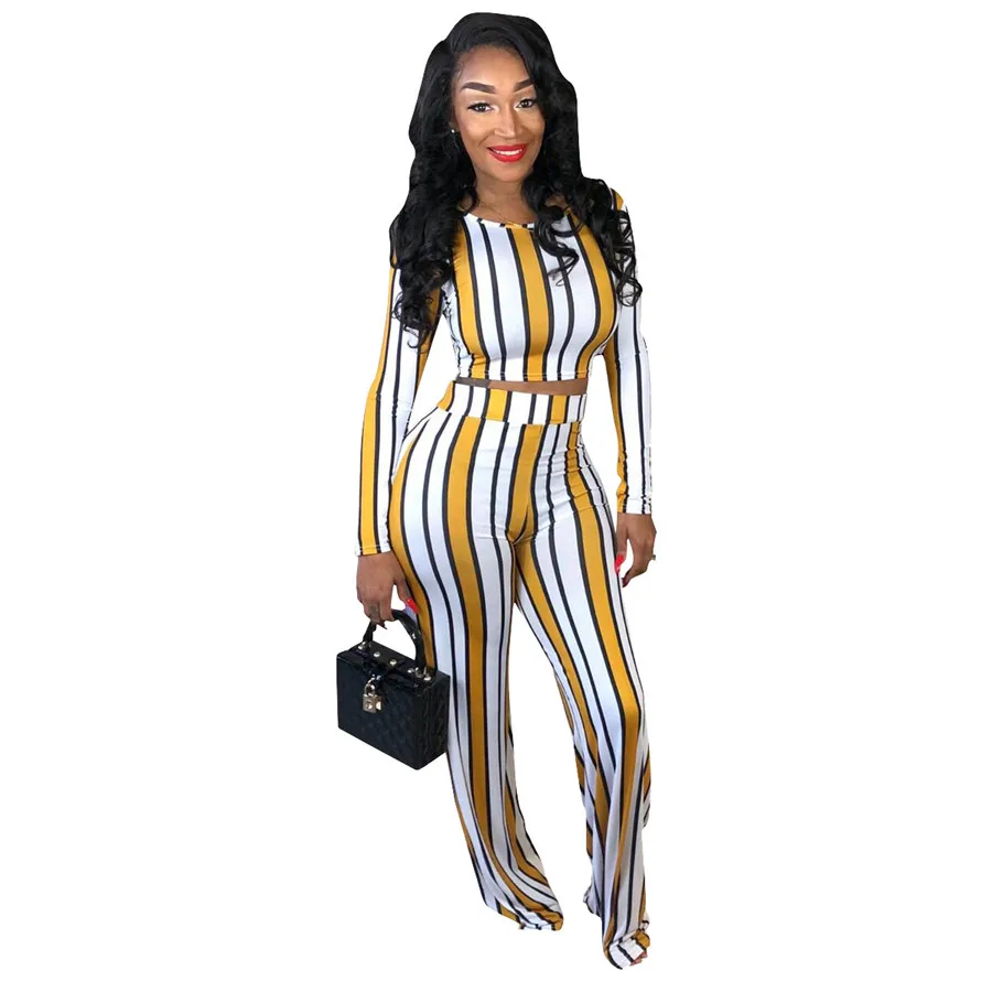 

Sexy 2 two piece set top and pants autumn outfits tracksuit women long sleeve wide leg pants striped print ensemble femme