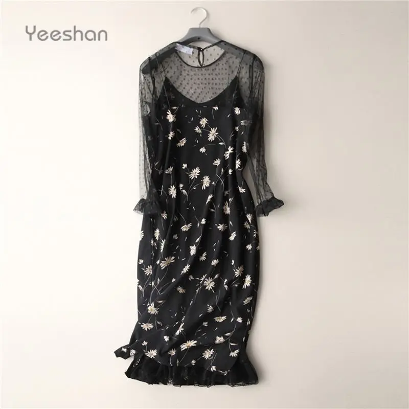 Yeeshan Богема Кружева Dress Женщины Полный Рукав Сексуальные Платья Лето Черный