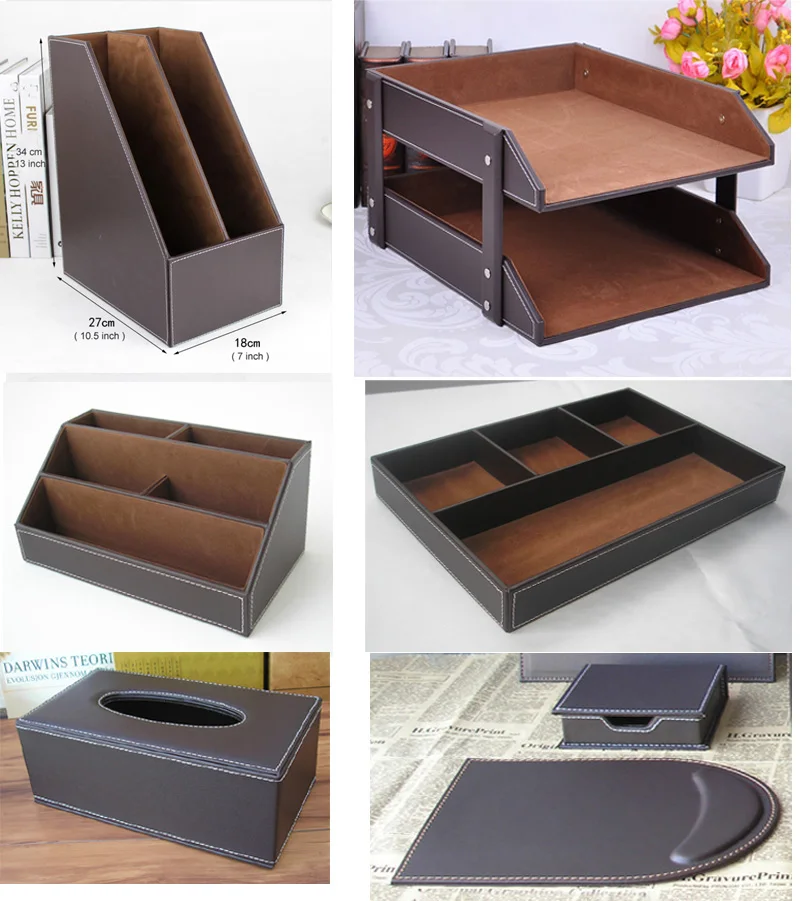 7PCS/set wooden leather office desk filing tray document stand stationery organizer tissue box mouse pad note case brown K262