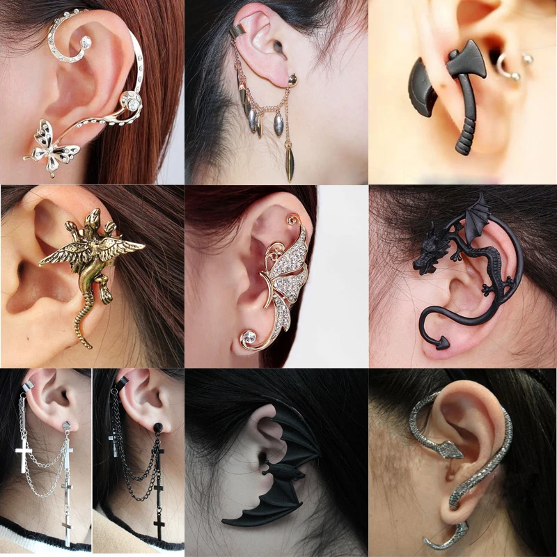 Korean Gothic DIY Black Bat Shaped Ear Clips For Women Girls Punk Dragon Snake Butterfly Ax Vintage Earrings Party Gifts Jewelry