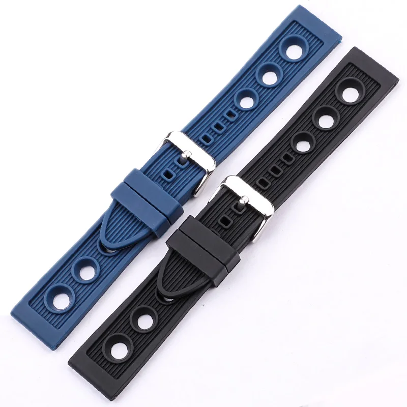 Silicone Watchbands 22mm Black Blue Women Men Waterproof Soft Rubber Watch Strap Bracelet With Stainless Steel Polished Buckle