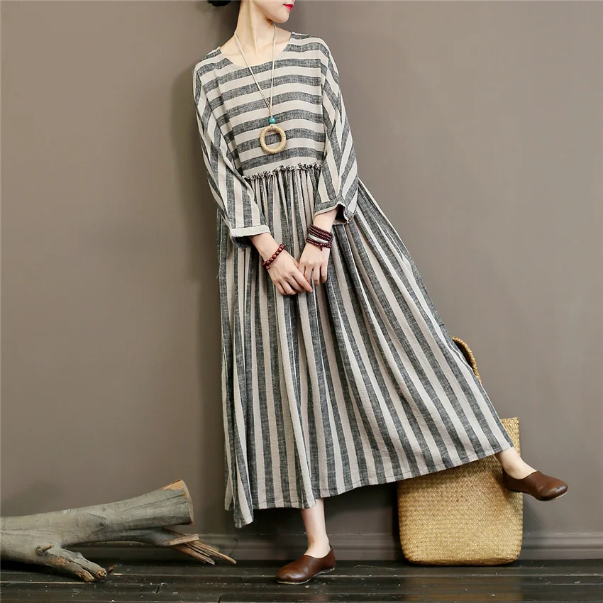 Женский халат в полоску хлопковый льняной с высокой талией Осенний новый