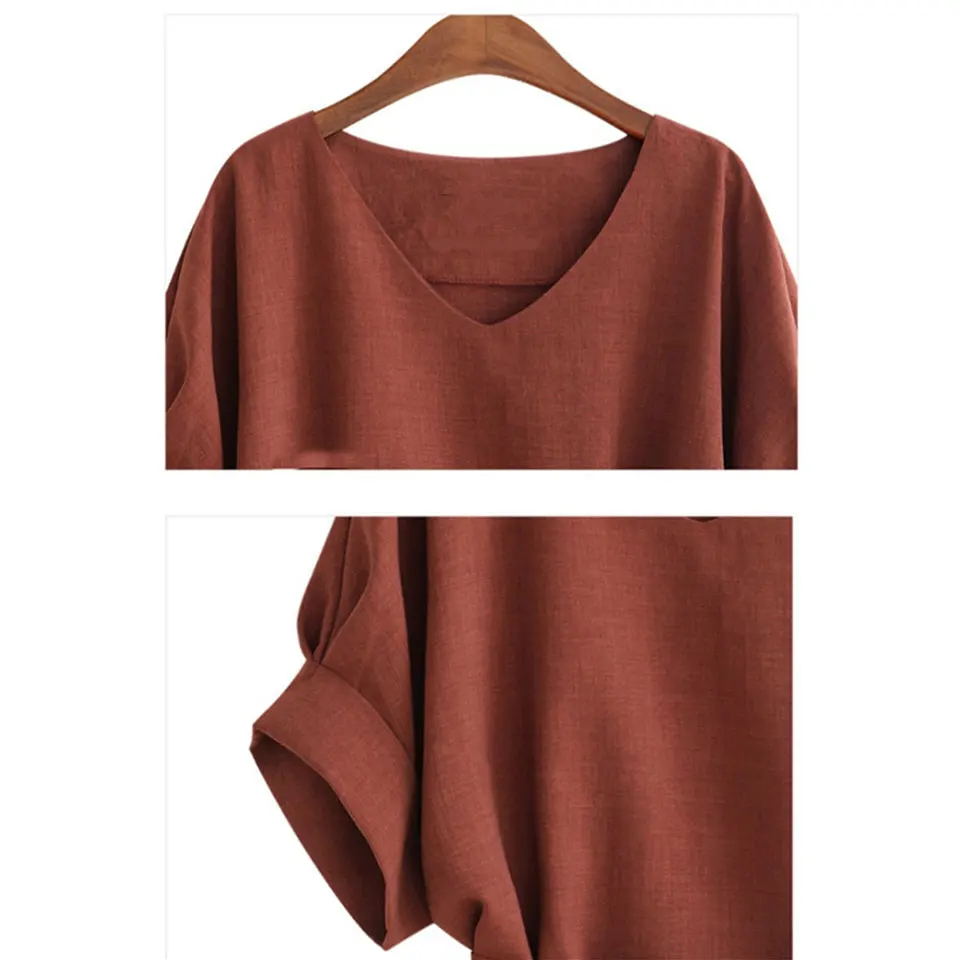 Женская льняная туника с V образным вырезом большого размера|Блузки| |