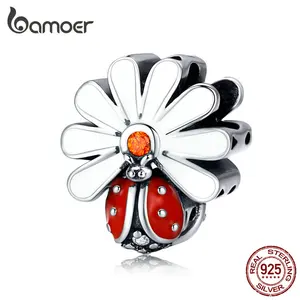 Шарм bamoer женский из серебра 925 пробы, с эмалированным покрытием, с цветком Маргаритки