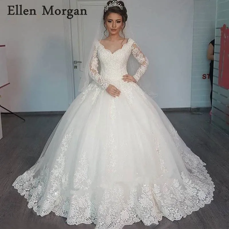 Vintage Long Sleeves Lace Ball Gowns Wedding Dresses 2019 Elegant Custom Made Online Shop Zipper Beaded Puffy Bridal | Свадьбы и