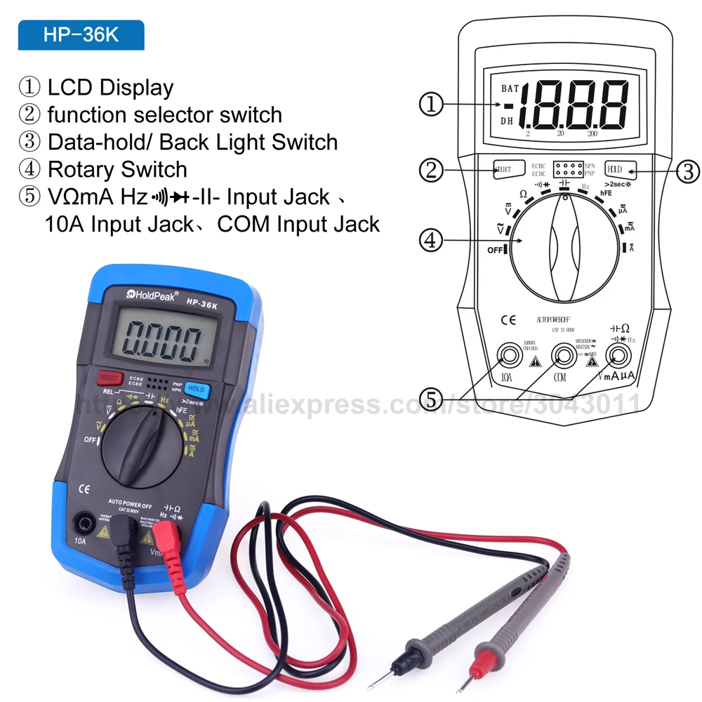 HoldPeak HP-36K DC/AC мини цифровой мультиметр 3999 дисплей Портативный конденсатор